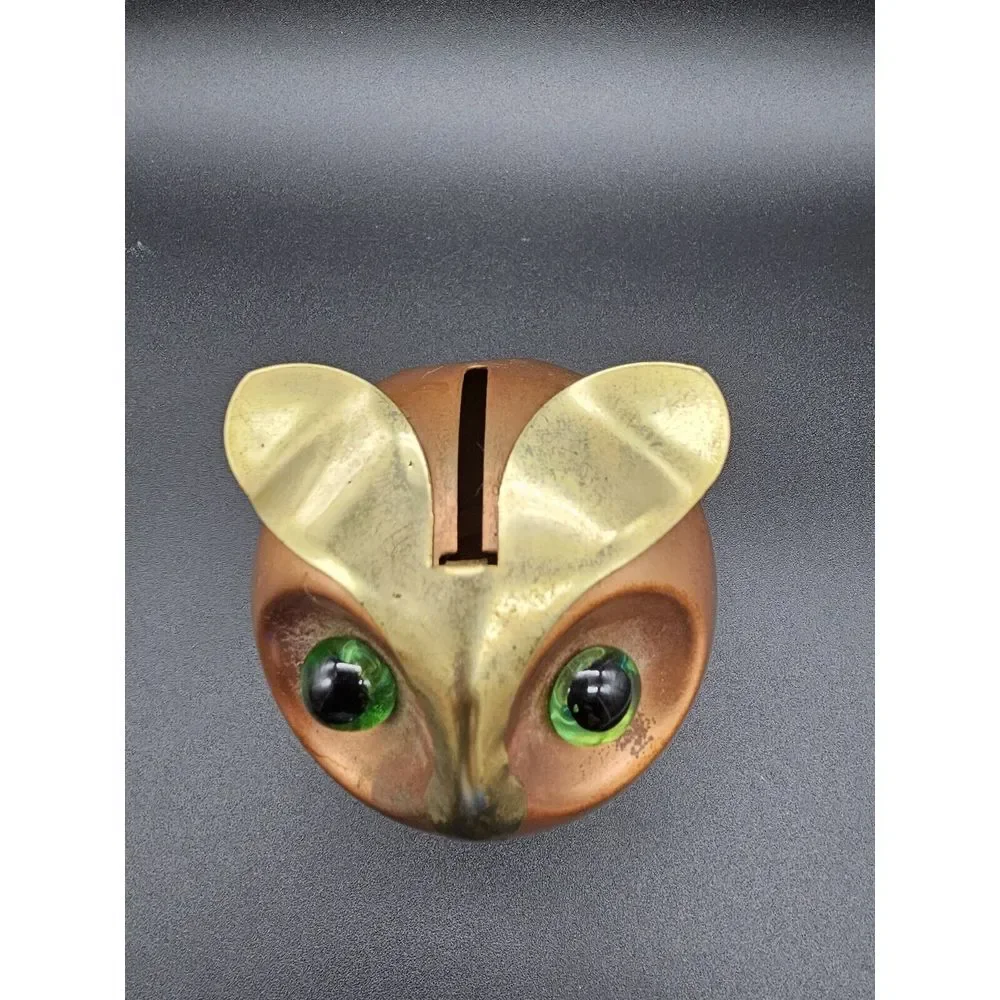 Vtg. Coppercraft Guild Copper Owl Coin Bank With Green Glass Eyes 4